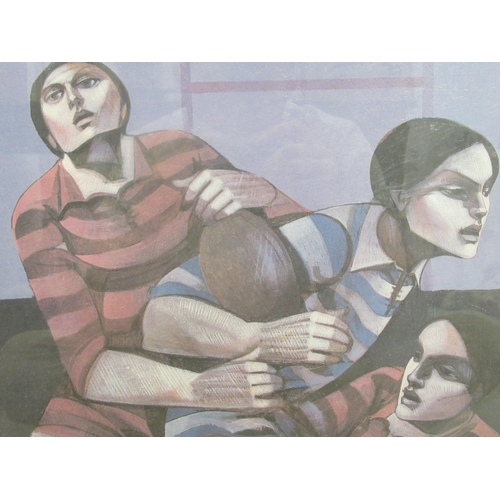 62 - Modern Italian School - three female rugby players  Limited Edition 16/120 coloured print  bears an ... 