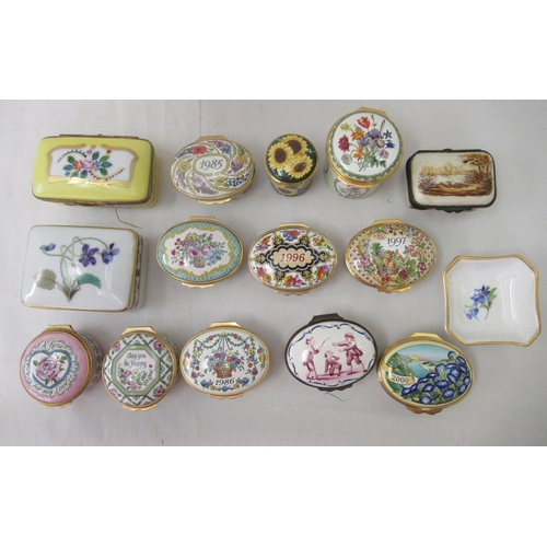 72 - Porcelain and enamelled patch boxes: to include a Halcyon Days example, decorated with boys playing&... 