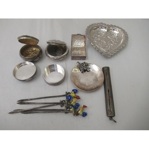 73 - Silver and white metal collectables: to include a set of five silver cocktail sticks, surmounted by ... 