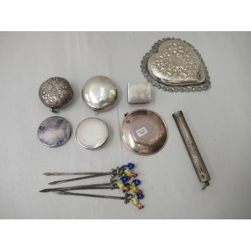 73 - Silver and white metal collectables: to include a set of five silver cocktail sticks, surmounted by ... 