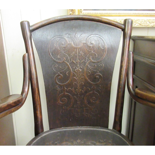 96 - An early/mid 20thC stained beech, panelled and bentwood framed open arm chair&nbsp;