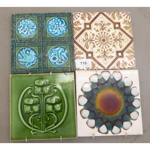 116 - Four Art Nouveau and later pottery tiles, all bearing painted or impressed marks  6