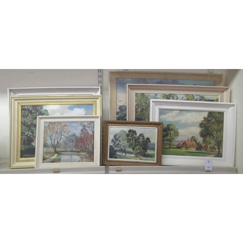 130 - Six framed works and one similar by John Revell  mainly landscapes  oil on boards  six bearing signa... 