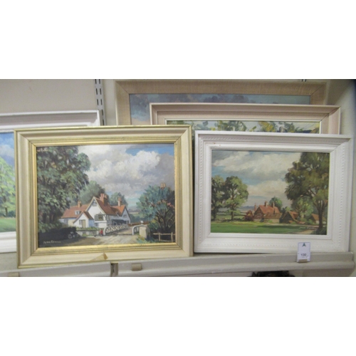 130 - Six framed works and one similar by John Revell  mainly landscapes  oil on boards  six bearing signa... 