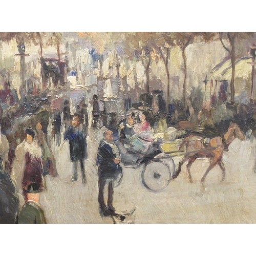 186 - A crowded French street scene  oil on panel  bears a signature Raffaelli  15