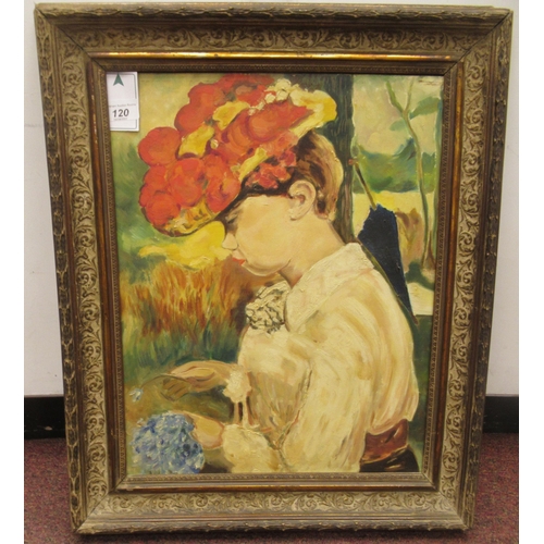 187 - A 20thC Continental profile portrait, a girl wearing a bonnet, gathering flowers  oil on board&... 