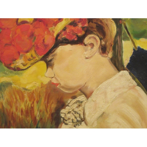 187 - A 20thC Continental profile portrait, a girl wearing a bonnet, gathering flowers  oil on board&... 