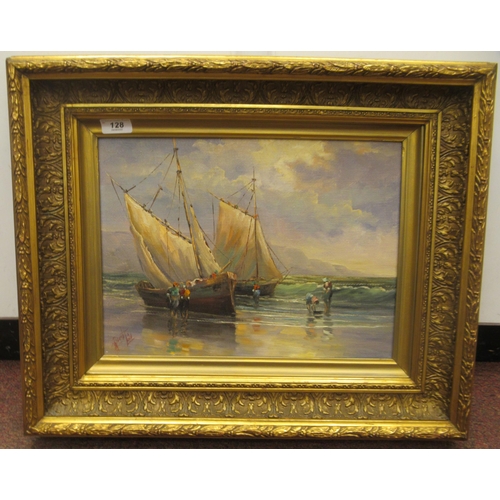 188 - Roberto **** - a shoreline scene with figures disembarking two sailing vessels  oil on canvas&n... 