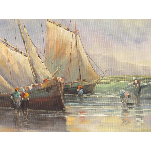 188 - Roberto **** - a shoreline scene with figures disembarking two sailing vessels  oil on canvas&n... 