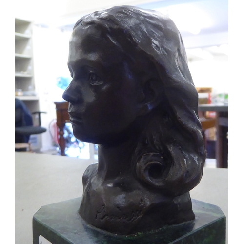 206 - A modern cast bronze bust, a young woman, on a plinth  bears an indistinct impressed signature  6