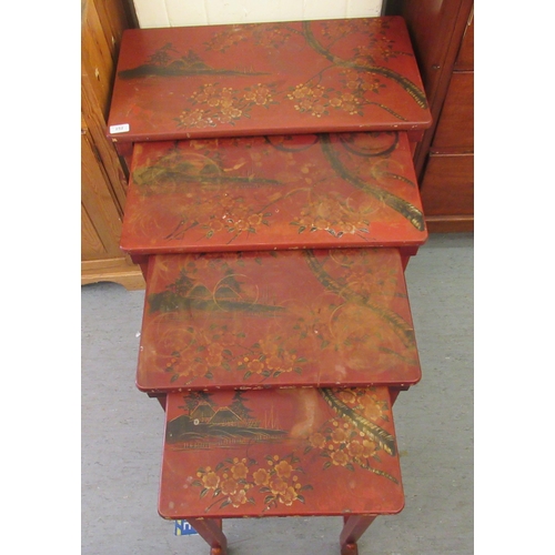 252 - A quartetto of post 1950s Japanese red lacquered and gilt highlighted occasional tables, each decora... 