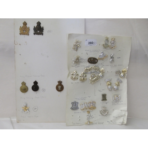 280 - Uncollated military cap badges, some copies: to include The Kings Regiment   (Please Note: this lot ... 