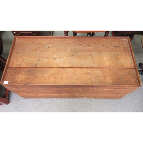 315 - An early 20thC rustically constructed pine chest with straight sides and a hinged lid, on a plinth  ... 