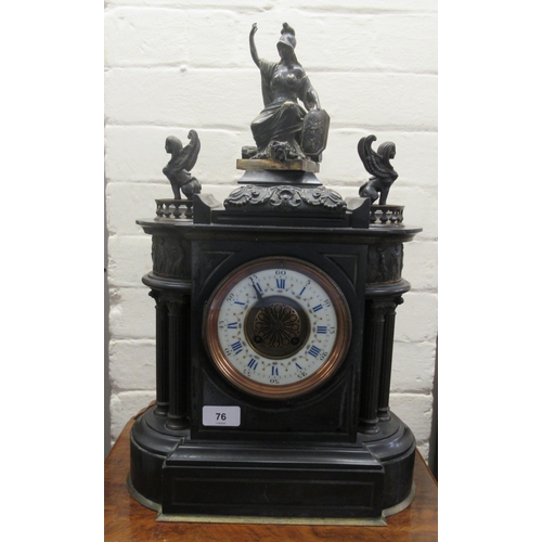 76 - A late Victorian black slate mantel clock of architectural form, surmounted by gilt metal figures; t... 