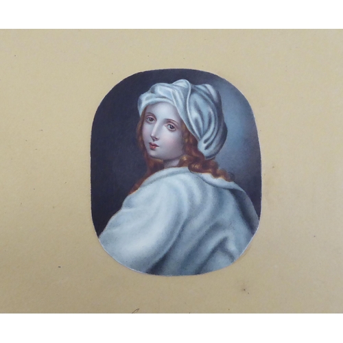 99 - A mid 19thC head & shoulders miniature portrait, a young maiden with curly red hair  watercolour... 