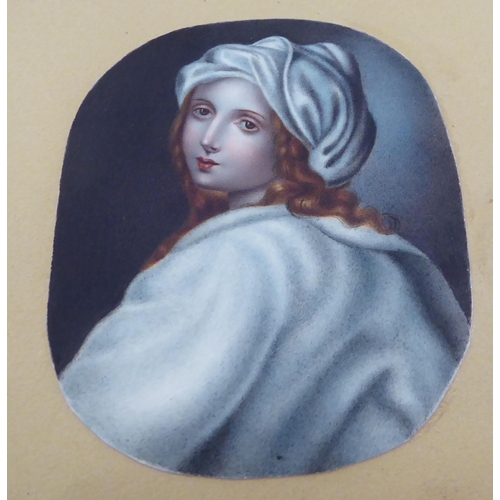 99 - A mid 19thC head & shoulders miniature portrait, a young maiden with curly red hair  watercolour... 