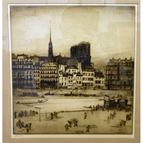 123 - After William Walker - 'Notre Dame, Paris' with activity on the shoreline of the Seine  etching  bea... 