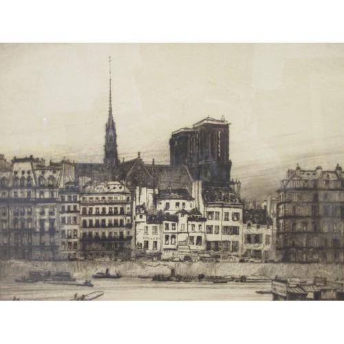 123 - After William Walker - 'Notre Dame, Paris' with activity on the shoreline of the Seine  etching  bea... 