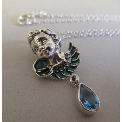 20 - A silver coloured metal plique a jour necklace and pendant, set with blue topaz