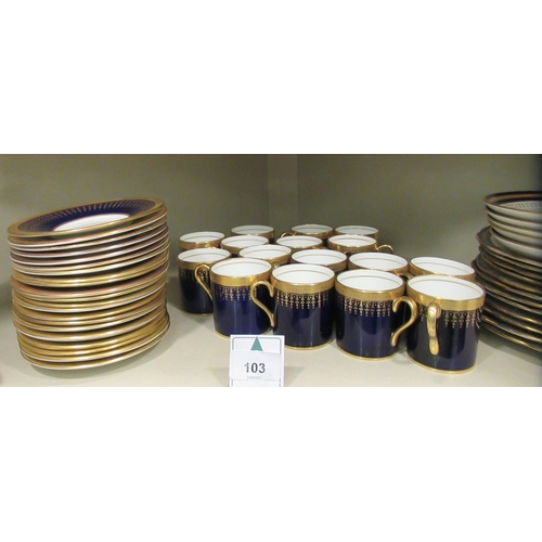 103 - Blue, white and gilt ceramics: to include a set of twelve Aynsley china coffee cans and saucers ... 