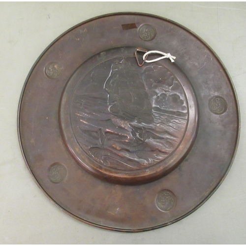 13 - A 1920s embossed burnished copper plaque, featuring birds and a galleon under sail  15