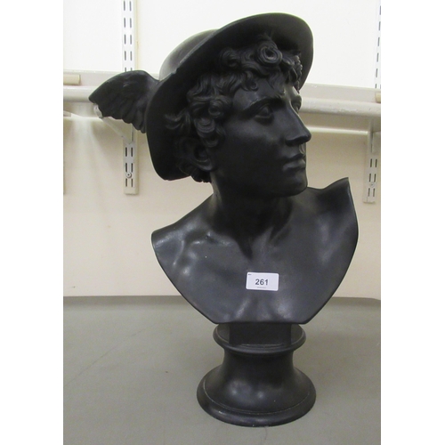 261 - A late 19th/early 20thC Wedgwood black painted bust 'Mercury', on a circular socle  bears impre... 