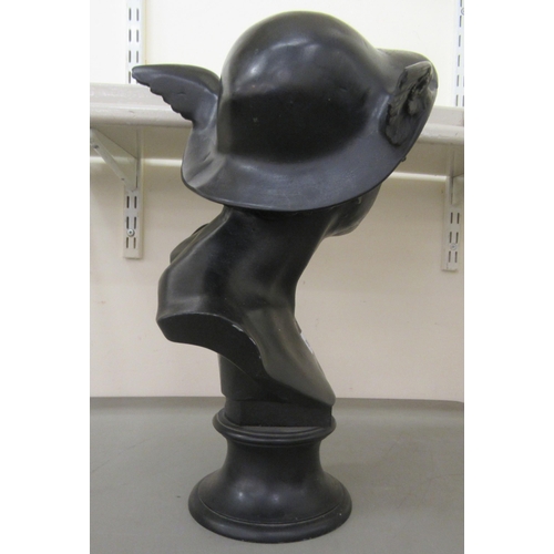 261 - A late 19th/early 20thC Wedgwood black painted bust 'Mercury', on a circular socle  bears impre... 