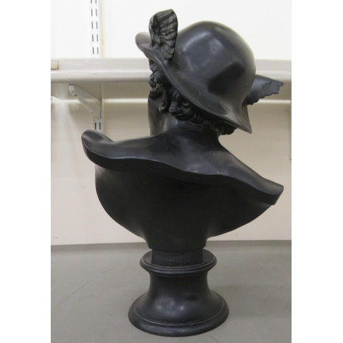 261 - A late 19th/early 20thC Wedgwood black painted bust 'Mercury', on a circular socle  bears impre... 