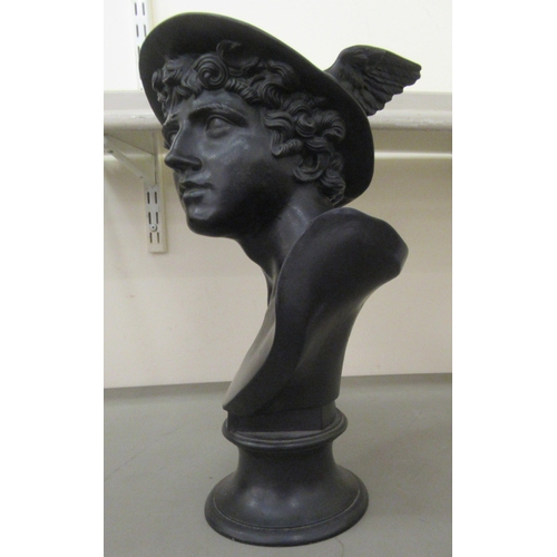 261 - A late 19th/early 20thC Wedgwood black painted bust 'Mercury', on a circular socle  bears impre... 