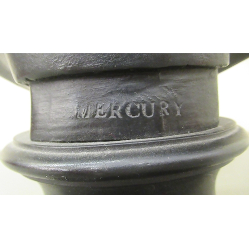 261 - A late 19th/early 20thC Wedgwood black painted bust 'Mercury', on a circular socle  bears impre... 