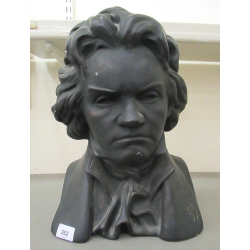 262 - An early 20thC painted plaster bust, believed to be that of Beethoven  bears an indistinctly in... 