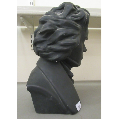 262 - An early 20thC painted plaster bust, believed to be that of Beethoven  bears an indistinctly in... 