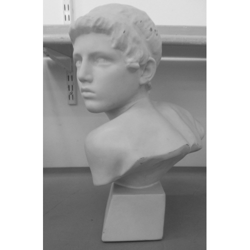 263 - A 20thC moulded ceramic faux marble bust, a youth, on a block socle  17.5