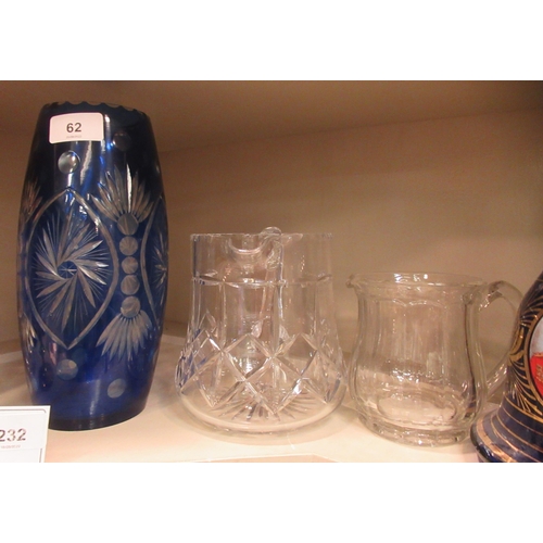 62 - Decorative glassware: to include a Bohemian style blue vase with cut decoration  10