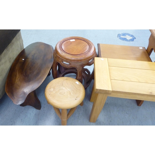 71 - Small modern furniture, viz. a three legged beech and elm stool; a teak organ stool; a light oak for... 