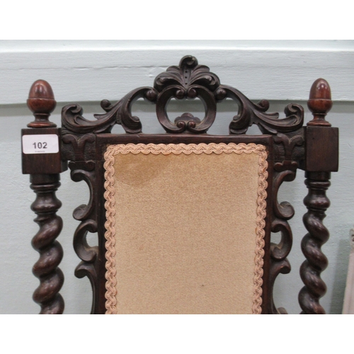 102 - A 19thC rosewood framed and carved side chair with a high scrolled backs, barleytwist supports and a... 