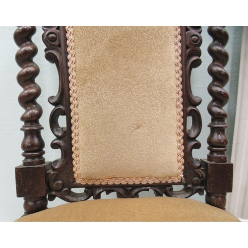 102 - A 19thC rosewood framed and carved side chair with a high scrolled backs, barleytwist supports and a... 