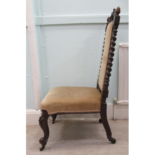 102 - A 19thC rosewood framed and carved side chair with a high scrolled backs, barleytwist supports and a... 