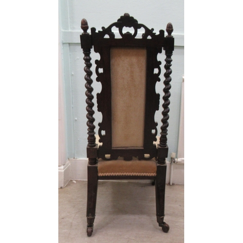 102 - A 19thC rosewood framed and carved side chair with a high scrolled backs, barleytwist supports and a... 