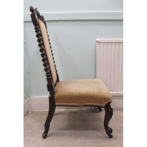 102 - A 19thC rosewood framed and carved side chair with a high scrolled backs, barleytwist supports and a... 