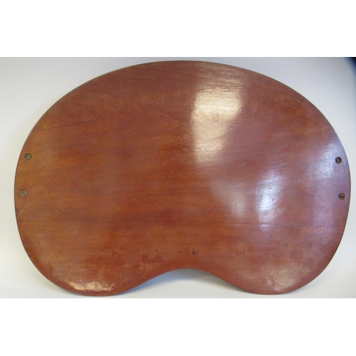 117 - A late 19thC galleried kidney shape serving tray with marquetry ornament and opposing brass handset ... 