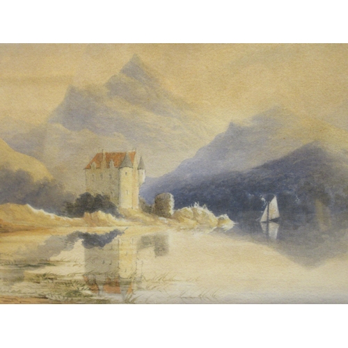 167 - 19thC British School - a sailing boat on a highland loch by a fortified house  watercolour  bears a ... 