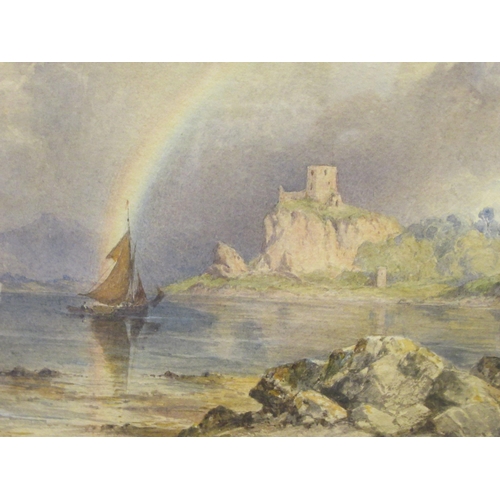 172 - Early 19thC British School - a riverscape in a rainbow sky with a sailing boat and castle ruins beyo... 