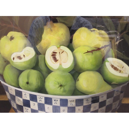 194 - 20thC British School - a still life study, apples and pears in a bowl, on a ledge  oil on board... 