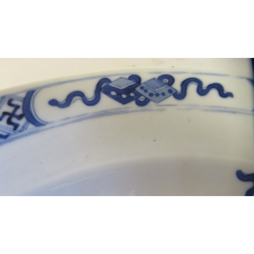 199 - A Chinese late 18thC Kangxi design porcelain dish, decorated in blue and white with a basket of flow... 