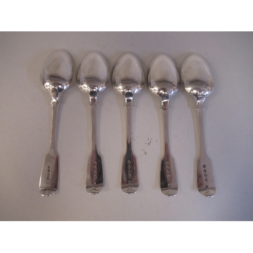 63 - A matched set of five 19thC silver fiddle pattern dessert spoons  mixed marks