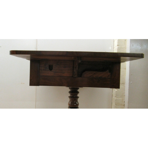 67 - An early 19thC rosewood Pembroke style work table, the fall flaps with round corners, over two shall... 