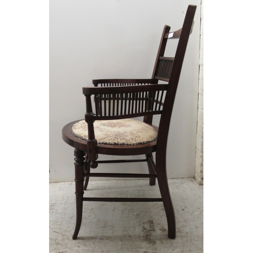 7 - A lady's Edwardian string inlaid mahogany framed and marquetry boudoir chair with a spindled back an... 