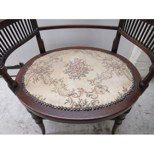 7 - A lady's Edwardian string inlaid mahogany framed and marquetry boudoir chair with a spindled back an... 