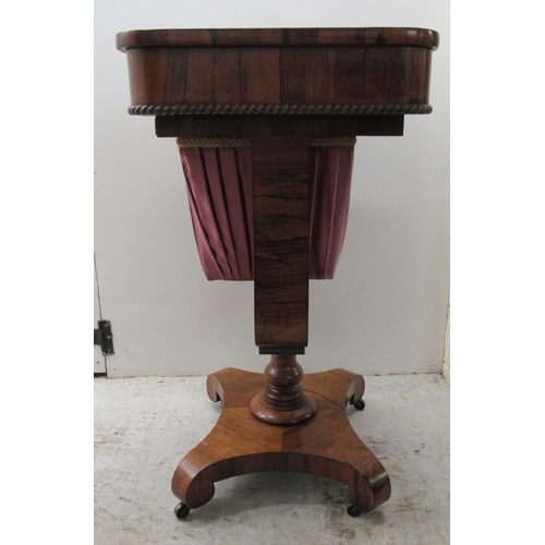 71 - A mid 19thC rosewood work table, the drawer over a retractable, pleated fabric covered wool well, el... 